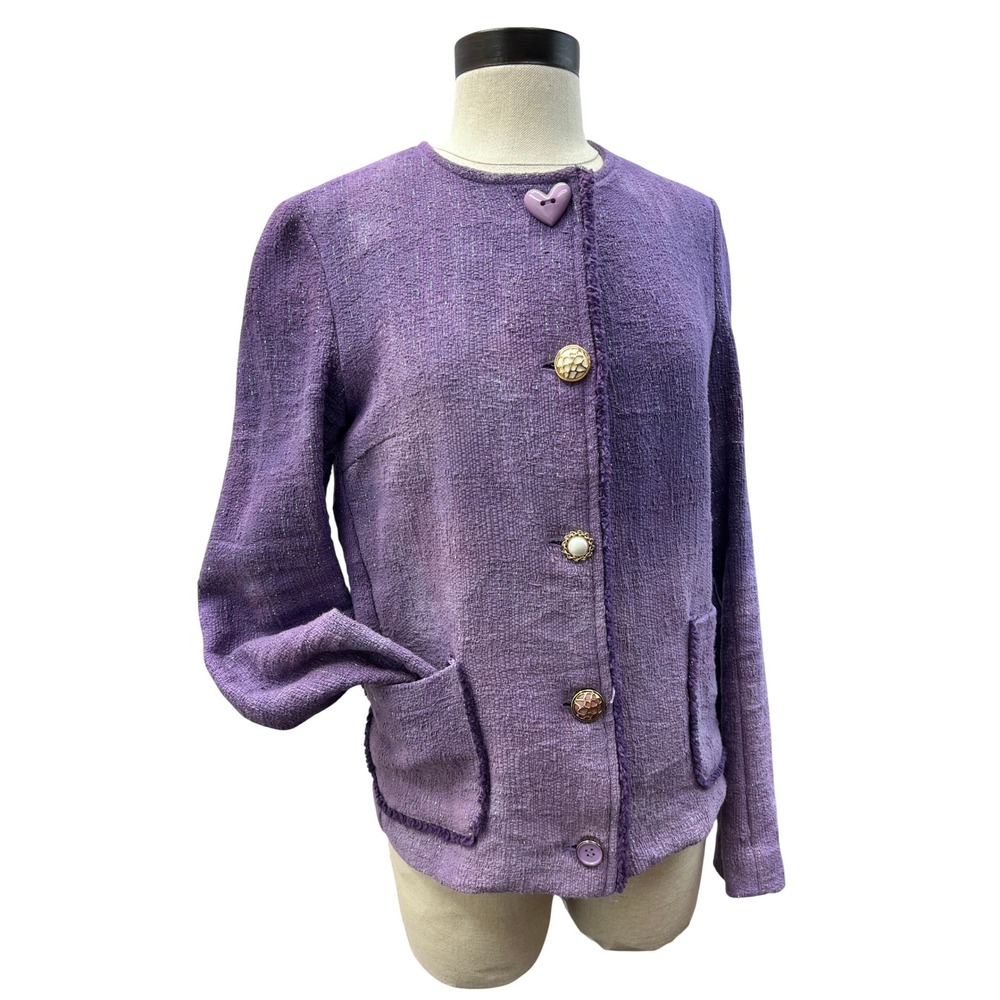 De Hart Tweed Jacket Womens 40 Purple Excellent Heart Button Metallic Italy